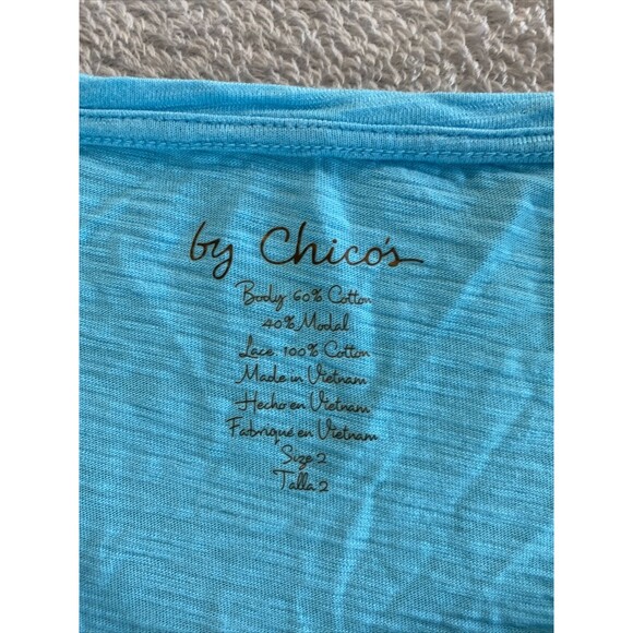 Chico's Shirt 2 Women's Large Eyelet Front Short Sleeve Tee T Shirt Solid Blue - Picture 2 of 9